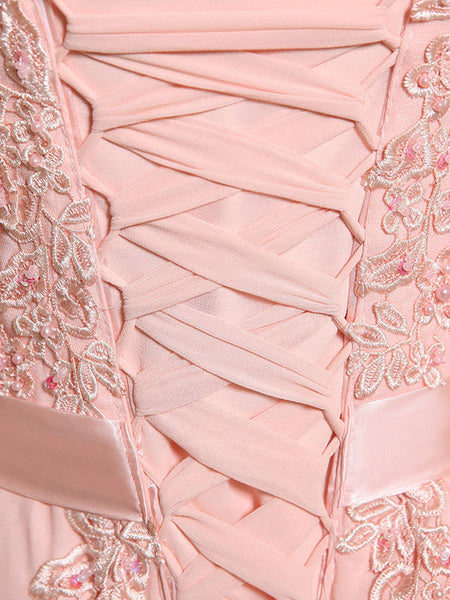 Prom Dresses Lace Applique Evening Dresses Chiffon Sleeveless Sash Floor Length Formal Gowns