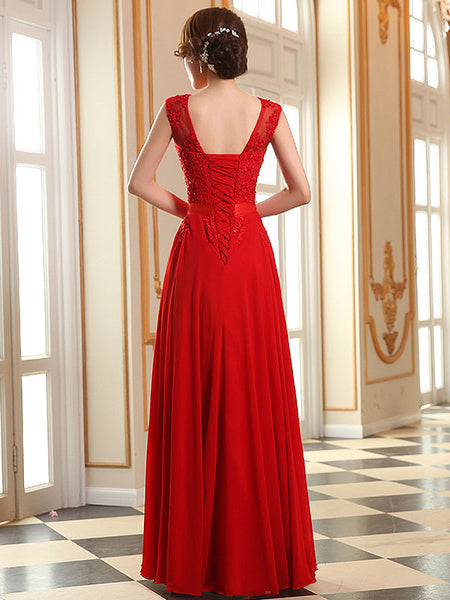 Prom Dresses Lace Applique Evening Dresses Chiffon Sleeveless Sash Floor Length Formal Gowns