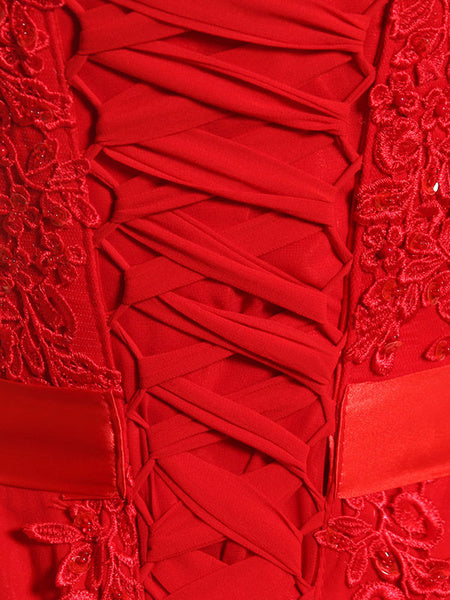 Prom Dresses Lace Applique Evening Dresses Chiffon Sleeveless Sash Floor Length Formal Gowns