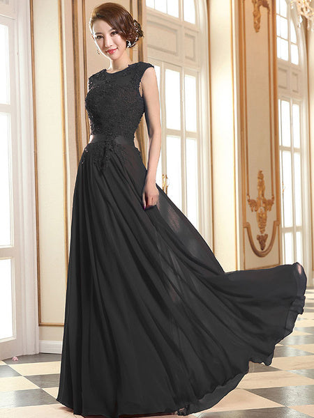 Prom Dresses Lace Applique Evening Dresses Chiffon Sleeveless Sash Floor Length Formal Gowns