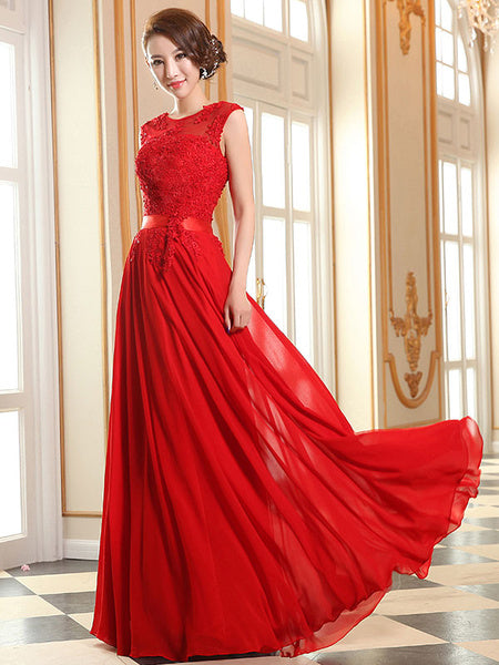 Prom Dresses Lace Applique Evening Dresses Chiffon Sleeveless Sash Floor Length Formal Gowns