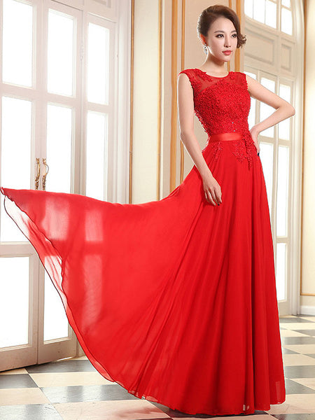 Prom Dresses Lace Applique Evening Dresses Chiffon Sleeveless Sash Floor Length Formal Gowns