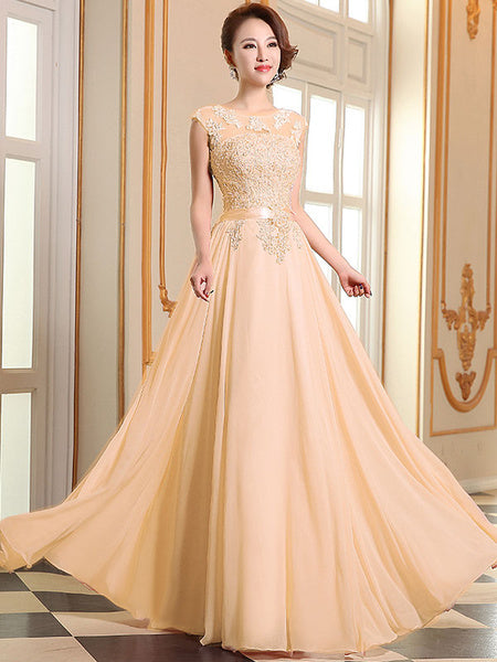 Prom Dresses Lace Applique Evening Dresses Chiffon Sleeveless Sash Floor Length Formal Gowns