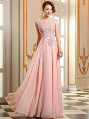 Prom Dresses Lace Applique Evening Dresses Chiffon Sleeveless Sash Floor Length Formal Gowns