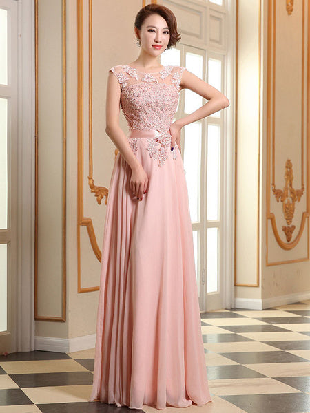 Prom Dresses Lace Applique Evening Dresses Chiffon Sleeveless Sash Floor Length Formal Gowns