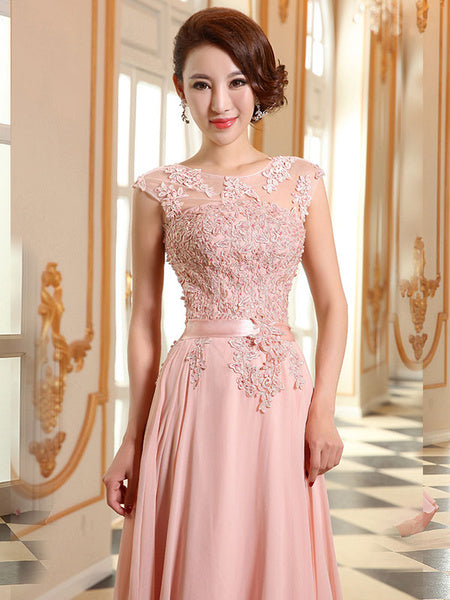 Prom Dresses Lace Applique Evening Dresses Chiffon Sleeveless Sash Floor Length Formal Gowns