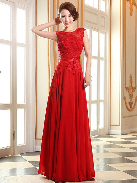 Prom Dresses Lace Applique Evening Dresses Chiffon Sleeveless Sash Floor Length Formal Gowns