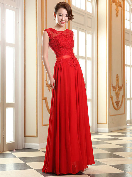 Prom Dresses Lace Applique Evening Dresses Chiffon Sleeveless Sash Floor Length Formal Gowns