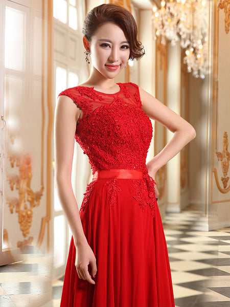 Prom Dresses Lace Applique Evening Dresses Chiffon Sleeveless Sash Floor Length Formal Gowns