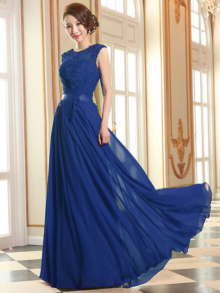 Prom Dresses Lace Applique Evening Dresses Chiffon Sleeveless Sash Floor Length Formal Gowns