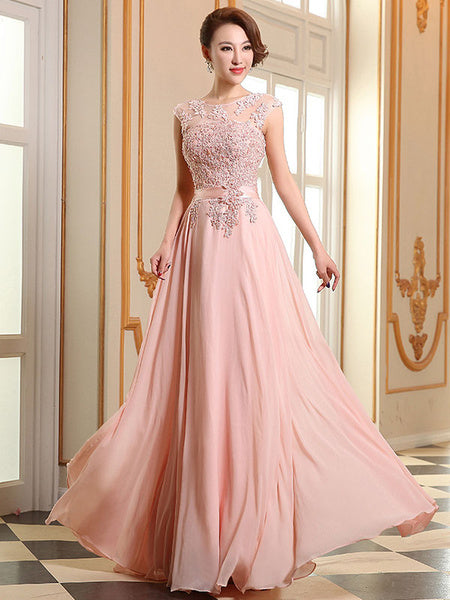 Prom Dresses Lace Applique Evening Dresses Chiffon Sleeveless Sash Floor Length Formal Gowns