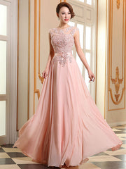 Prom Dresses Lace Applique Evening Dresses Chiffon Sleeveless Sash Floor Length Formal Gowns