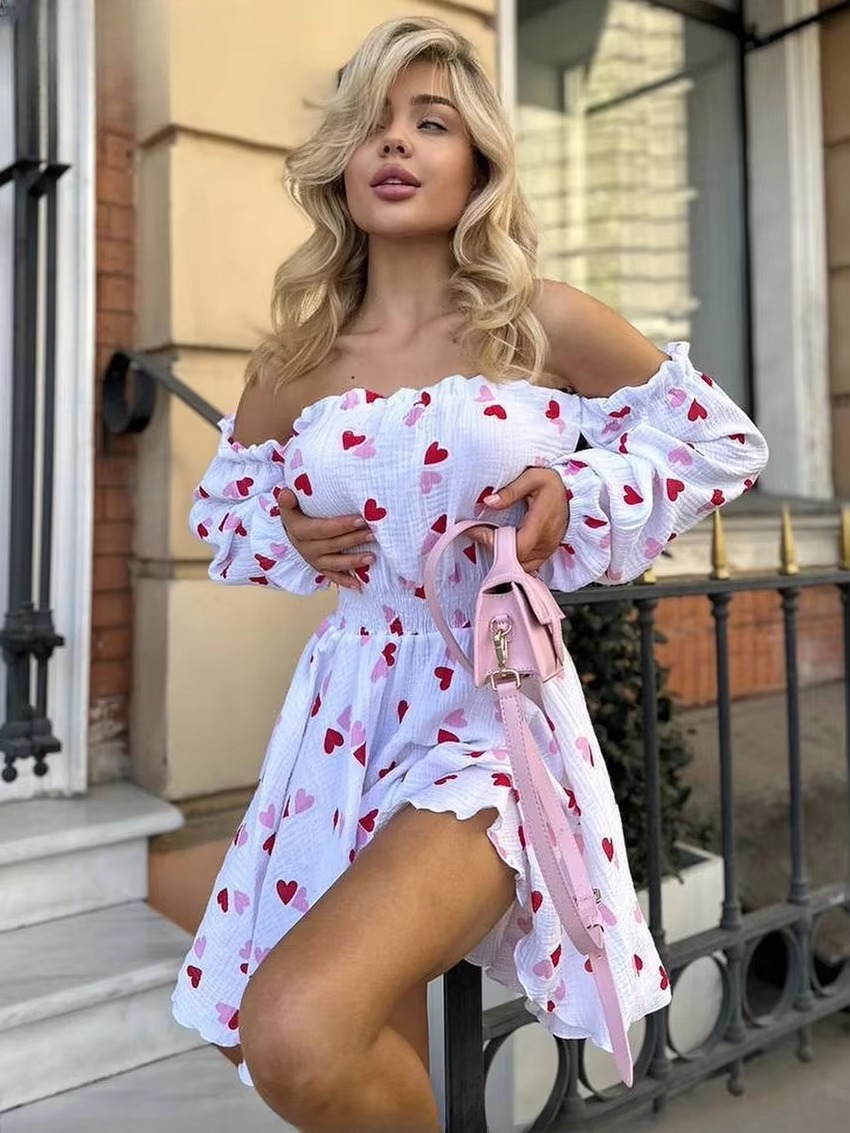 Elegant Loose Love Cotton Slash Neck Long Sleeve Mini Dresses