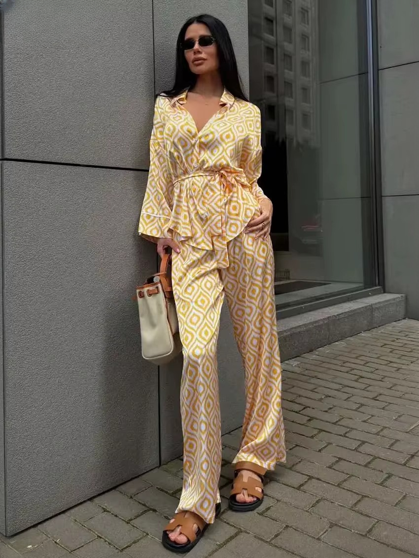 Elegant Long Sleeve Blouse With High Waist Pants Loose Print TwoPiece Sets