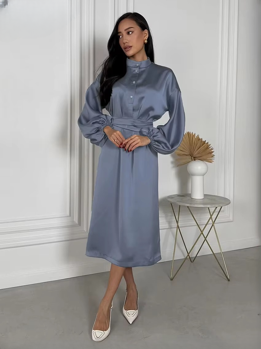 Casual Stand Collar Long Sleeve Classic Lace-Up Midi Dresses