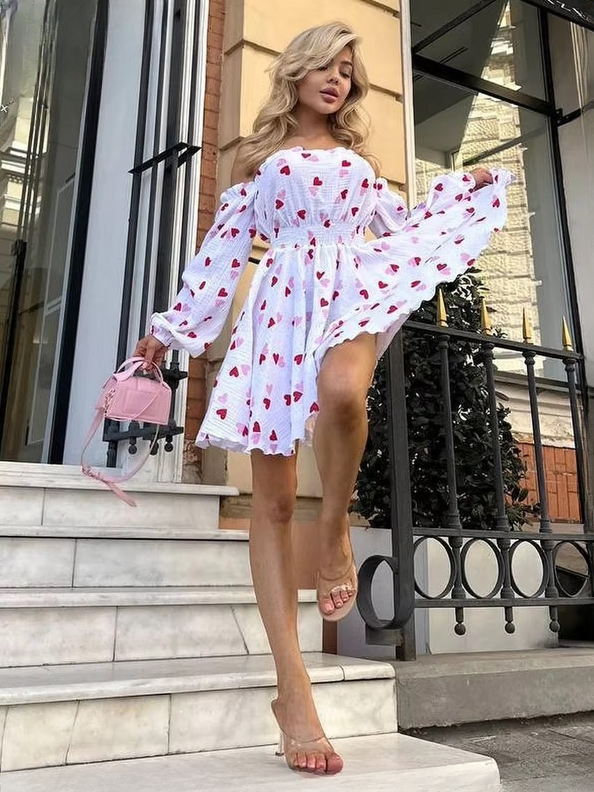 Elegant Loose Love Cotton Slash Neck Long Sleeve Mini Dresses