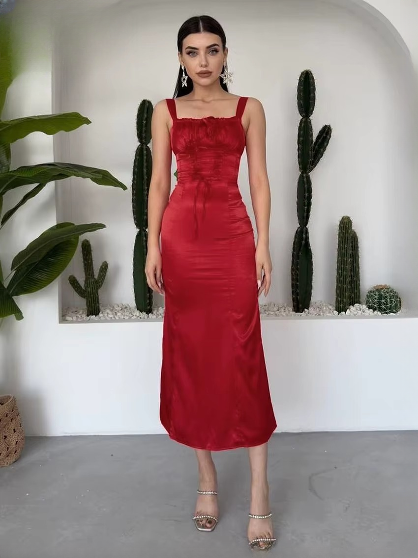 Elegant Sleeveless Classic Lace-Up Solid Satin Midi Dress