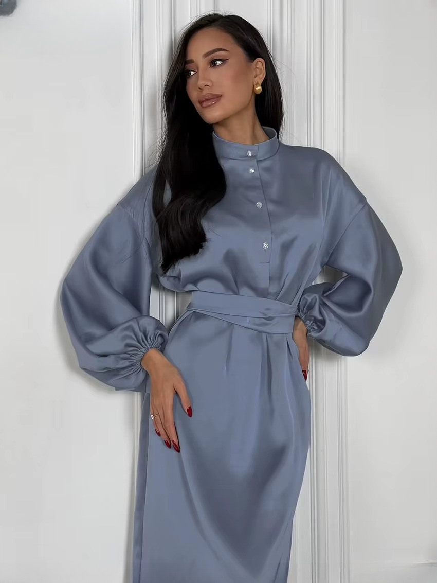 Casual Stand Collar Long Sleeve Classic Lace-Up Midi Dresses