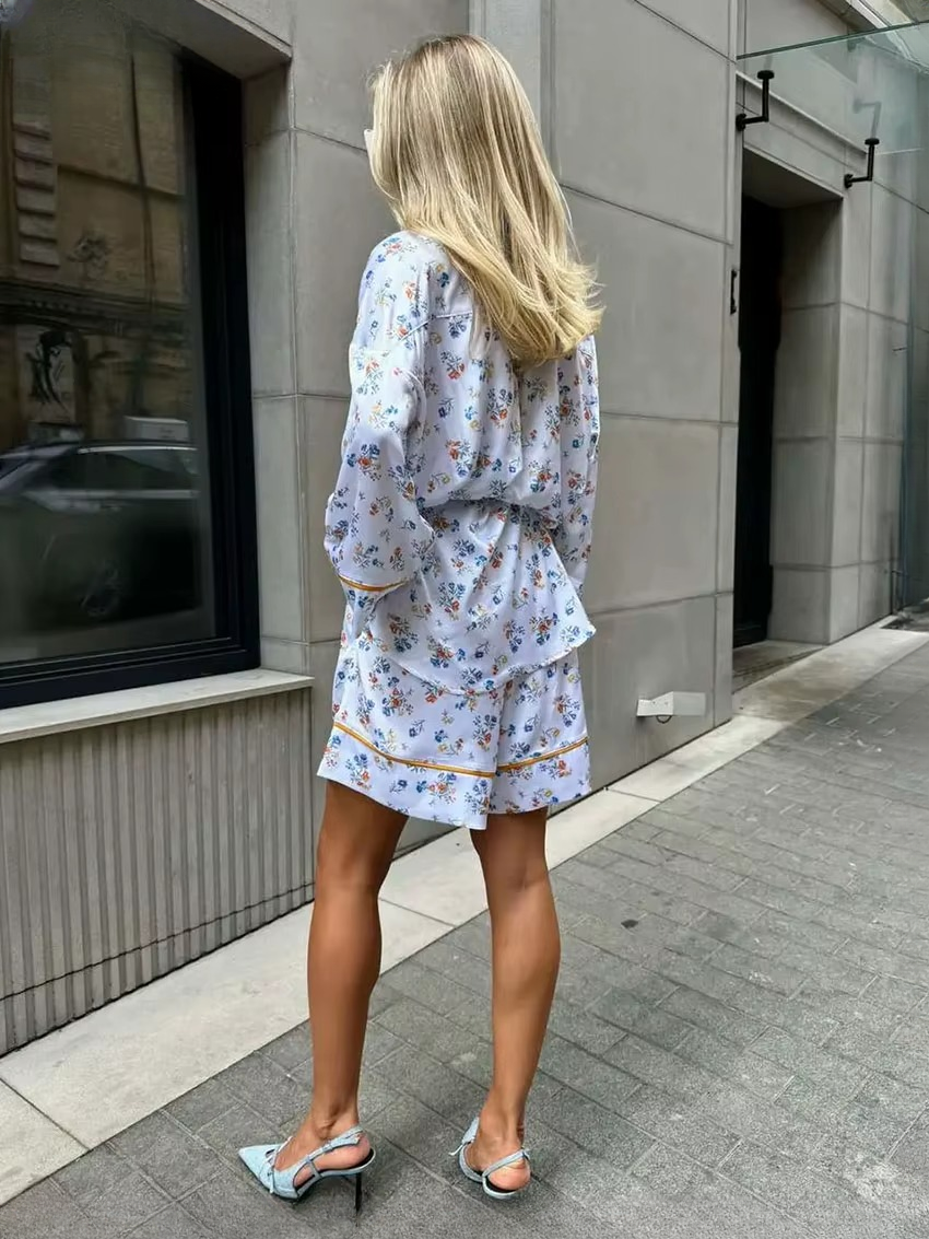 Elegant Long Sleeve Shirt With High Waist Shorts Two Pieces Set