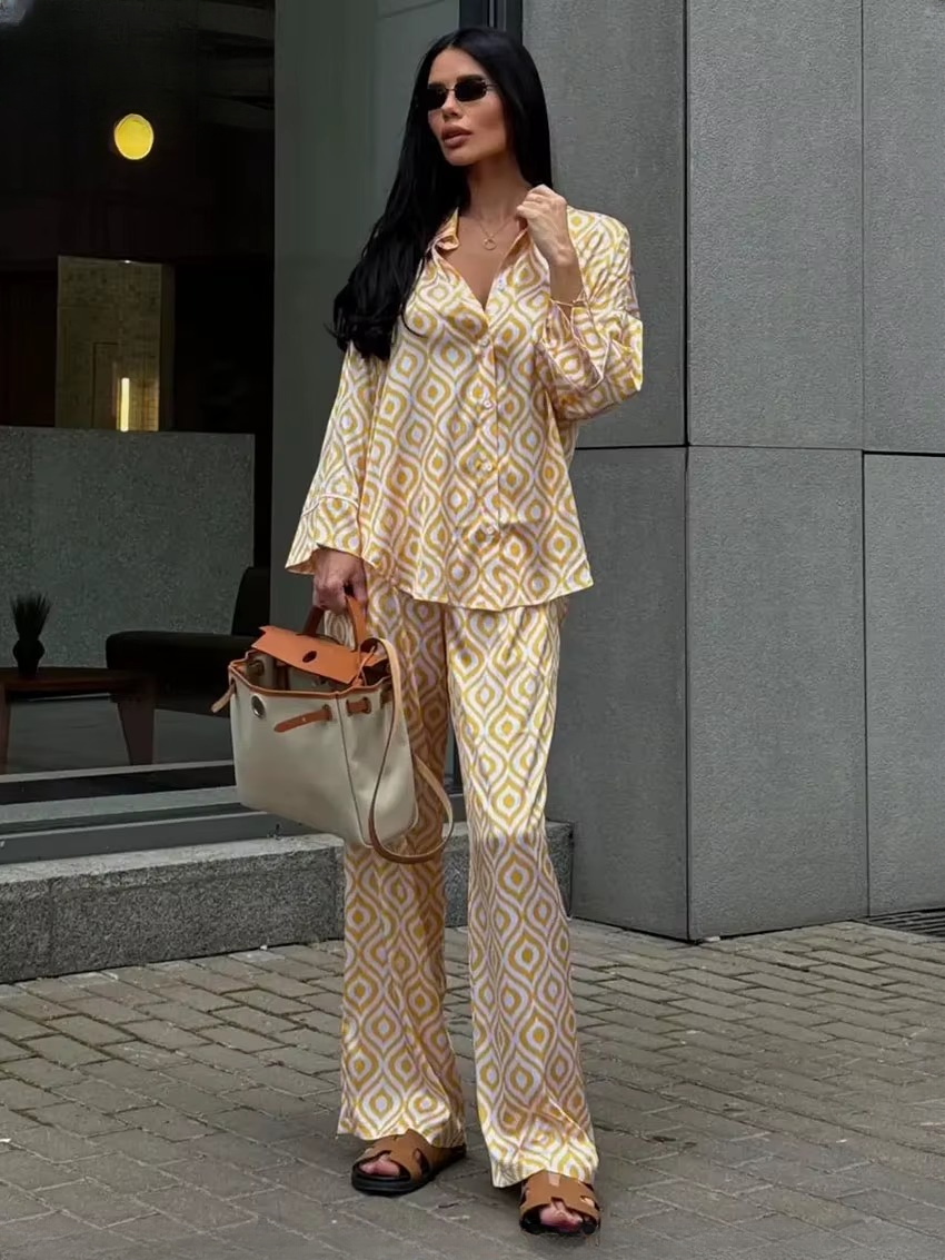 Elegant Long Sleeve Blouse With High Waist Pants Loose Print TwoPiece Sets
