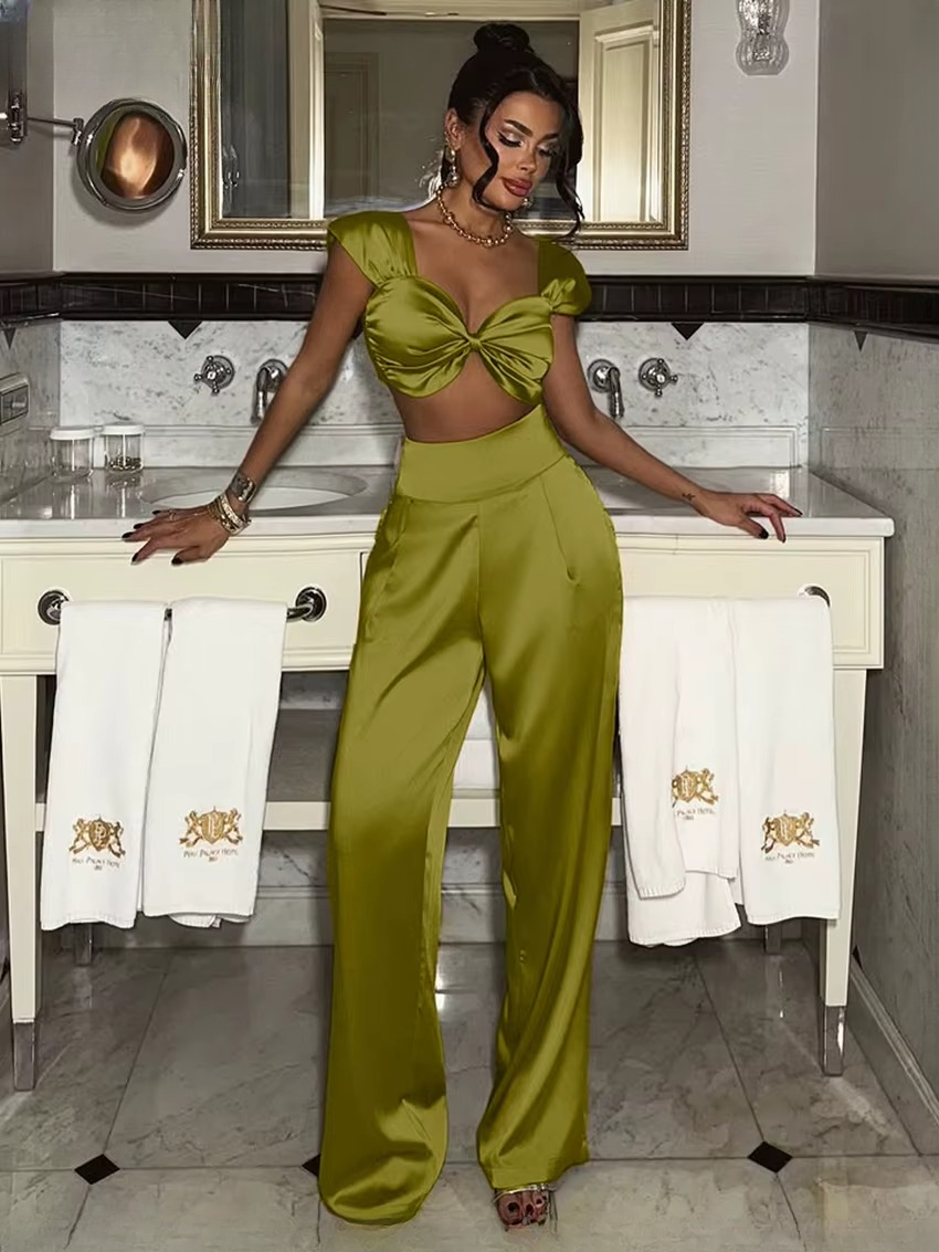 Elegant Sleeveless Crop Top With High Waist Wide Pants Two Piece Sets