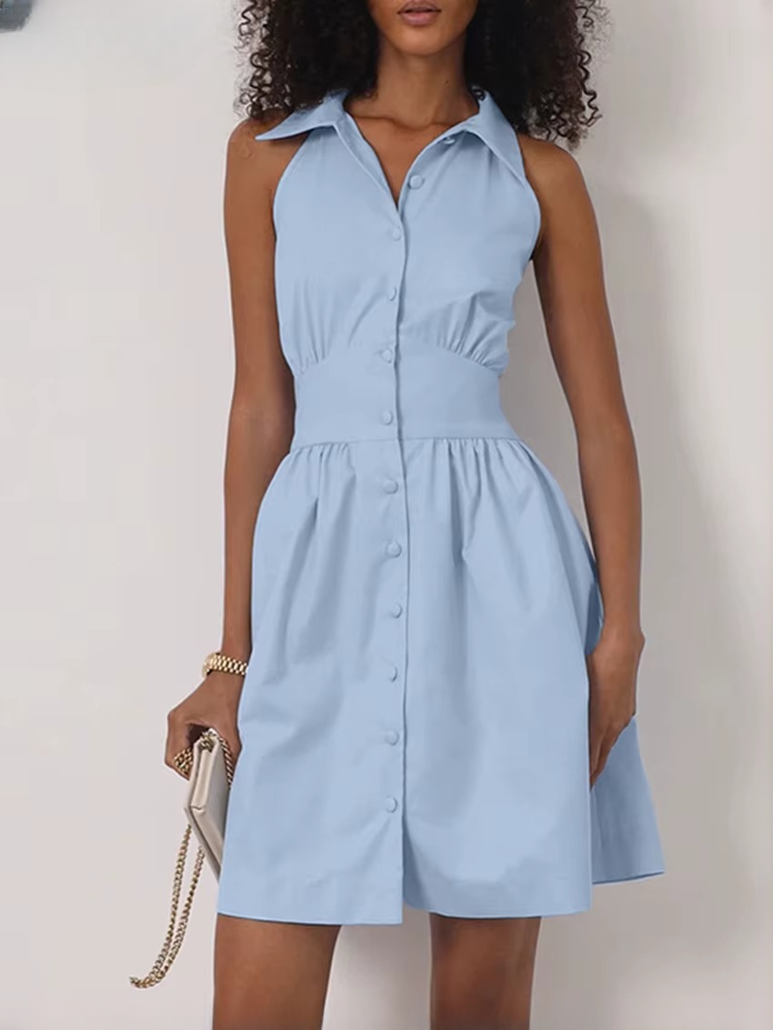 Elegant Lapel Sleeveless Classic Solid Single Breasted Mini Dresses