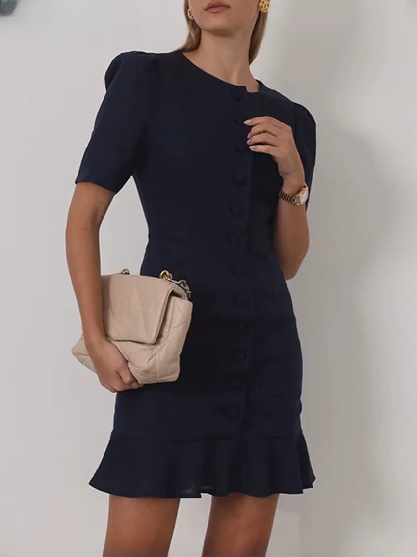 Elegant O-Neck Short Sleeve Cotton Classic Solid Mini Dresses