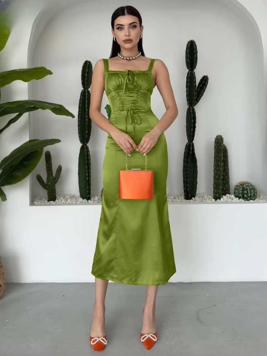 Elegant Sleeveless Classic Lace-Up Solid Satin Midi Dress