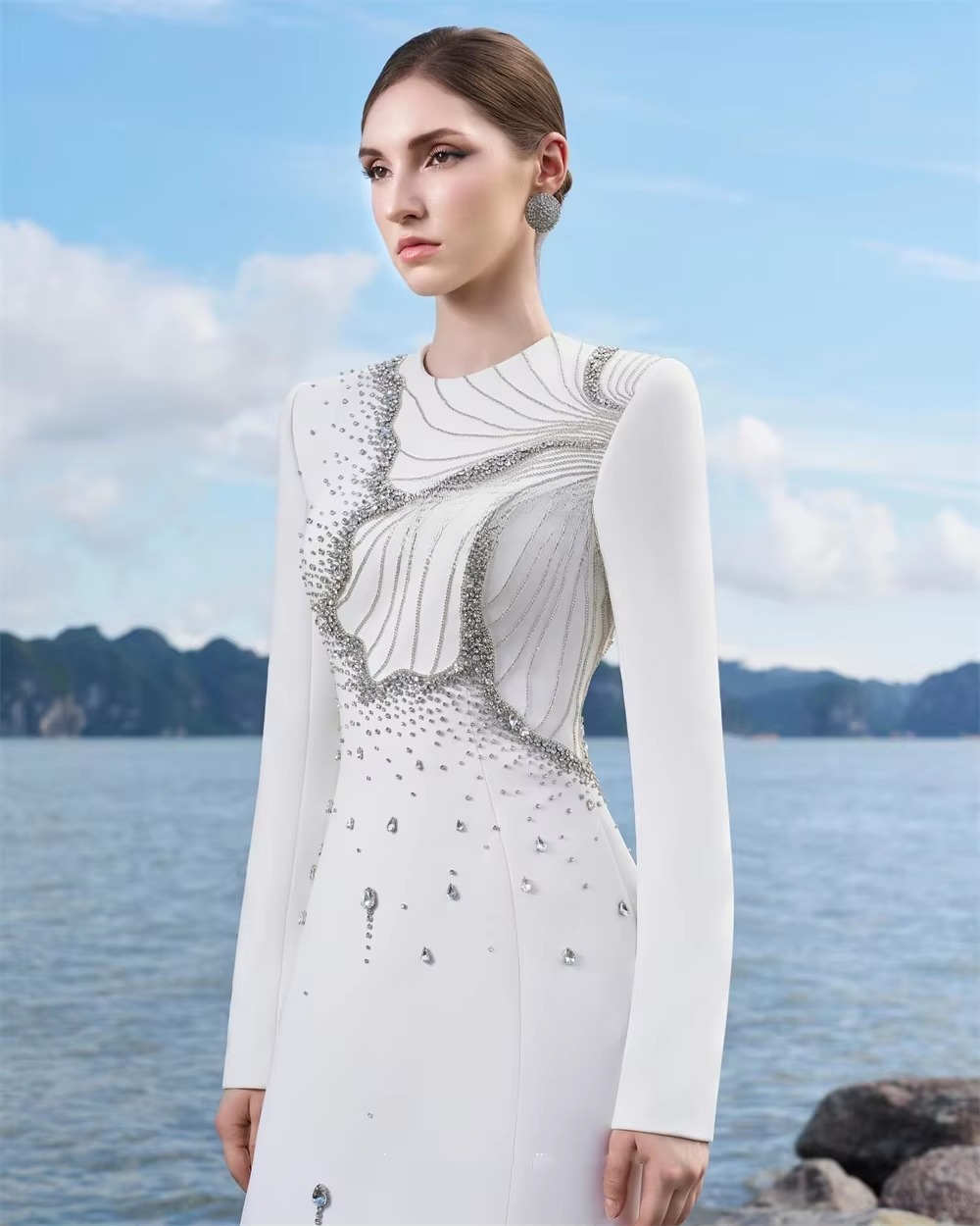 Elegant Jersey Flower Beading Sequined Straight Scoop Neck Long Dresses