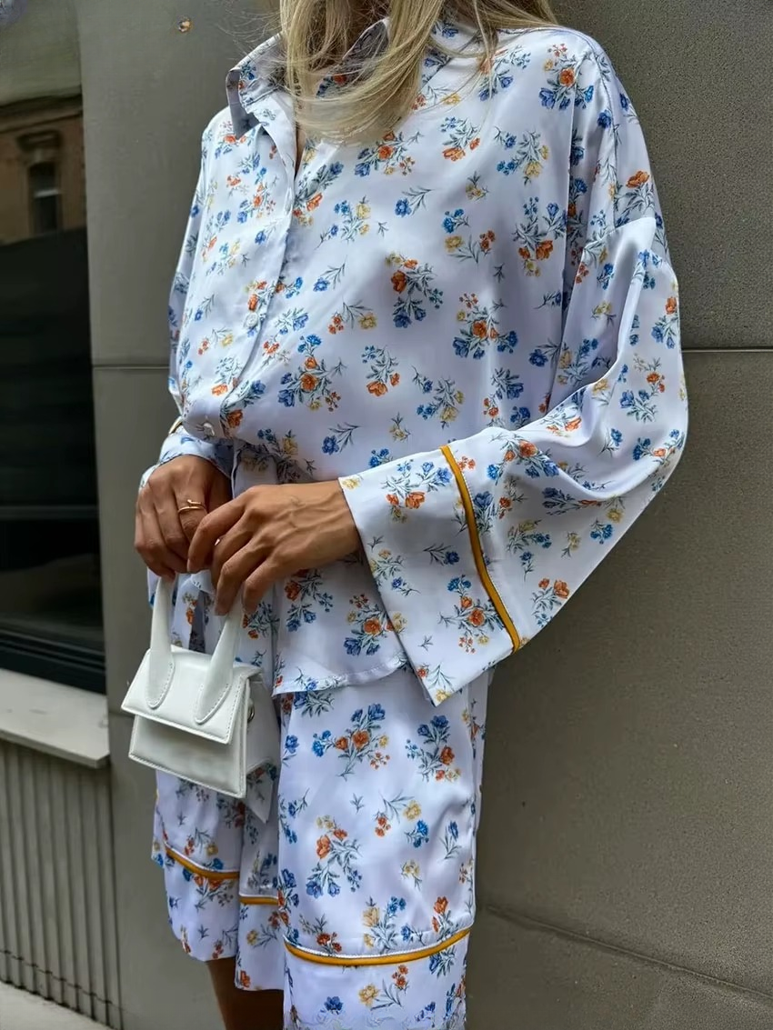 Elegant Long Sleeve Shirt With High Waist Shorts Two Pieces Set