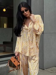 Elegant Long Sleeve Blouse With High Waist Pants Loose Print TwoPiece Sets