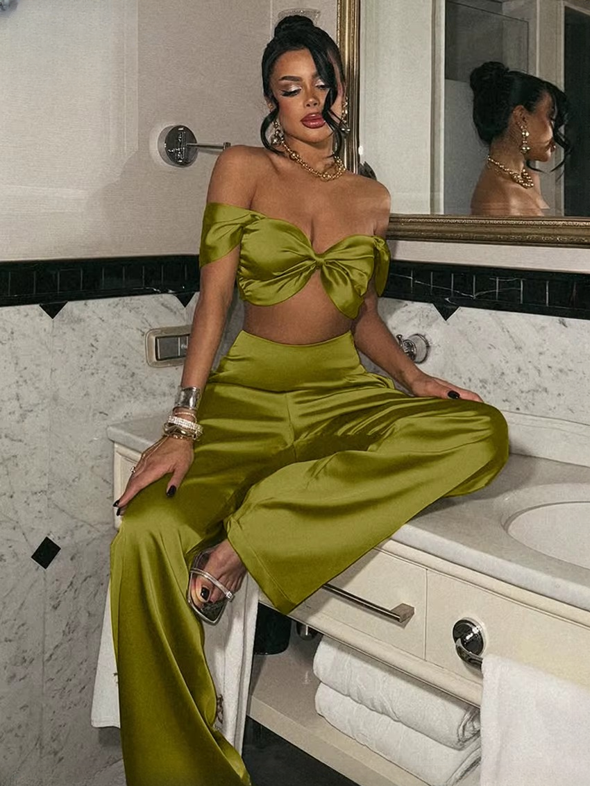 Elegant Sleeveless Crop Top With High Waist Wide Pants Two Piece Sets