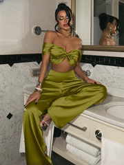 Elegant Sleeveless Crop Top With High Waist Wide Pants Two Piece Sets