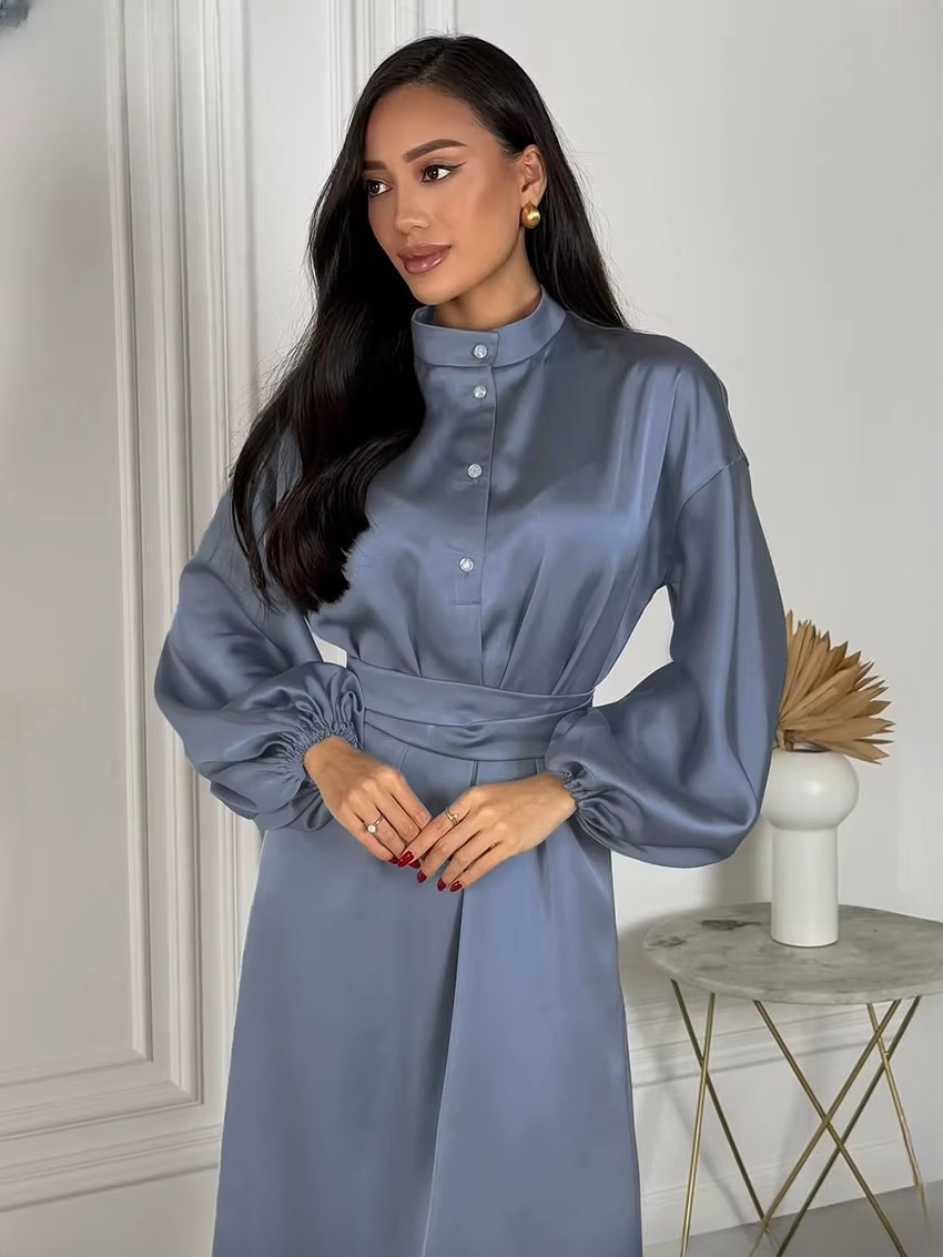 Casual Stand Collar Long Sleeve Classic Lace-Up Midi Dresses