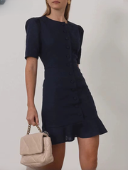 Elegant O-Neck Short Sleeve Cotton Classic Solid Mini Dresses