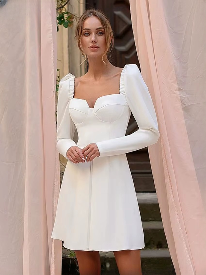 Elegant Classic High Waist Square Collar Long Sleeve Mini Dress