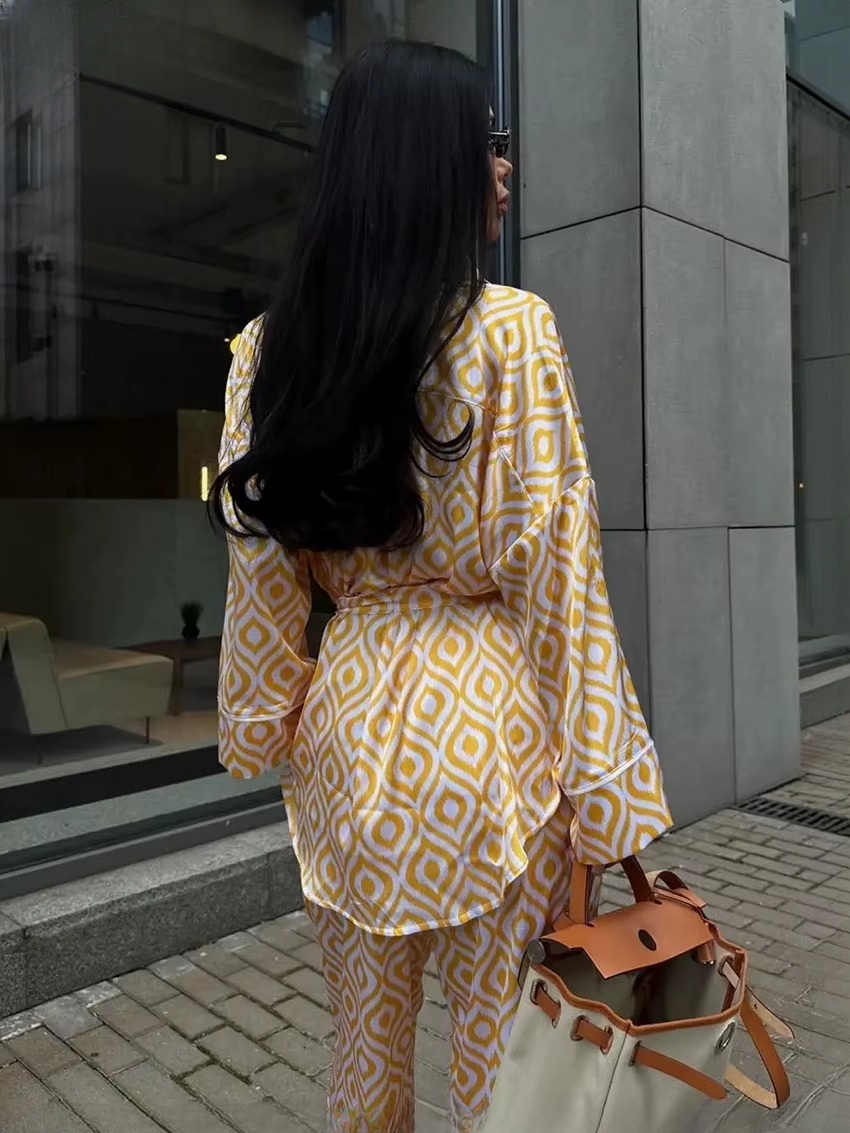 Elegant Long Sleeve Blouse With High Waist Pants Loose Print TwoPiece Sets