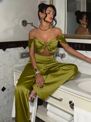 Elegant Sleeveless Crop Top With High Waist Wide Pants Two Piece Sets