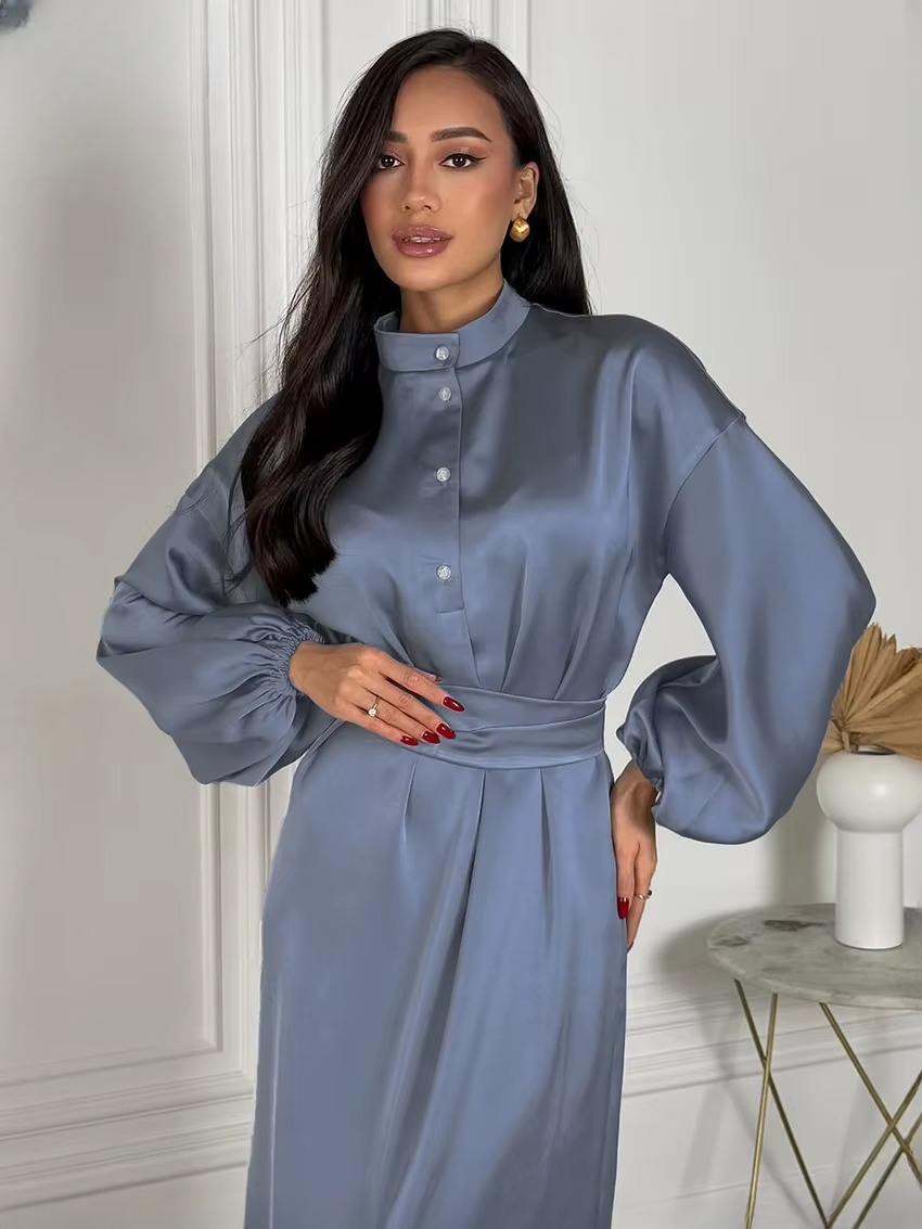 Casual Stand Collar Long Sleeve Classic Lace-Up Midi Dresses
