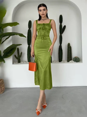 Elegant Sleeveless Classic Lace-Up Solid Satin Midi Dress