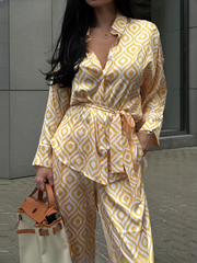 Elegant Long Sleeve Blouse With High Waist Pants Loose Print TwoPiece Sets