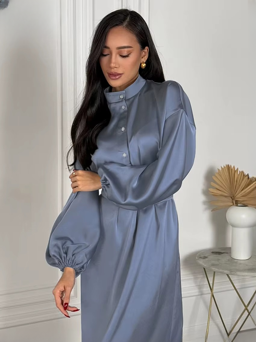 Casual Stand Collar Long Sleeve Classic Lace-Up Midi Dresses