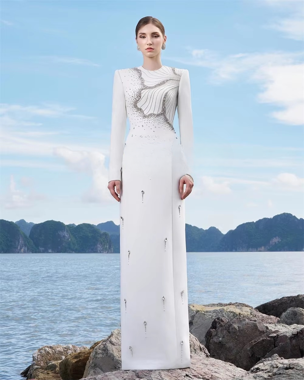 Elegant Jersey Flower Beading Sequined Straight Scoop Neck Long Dresses