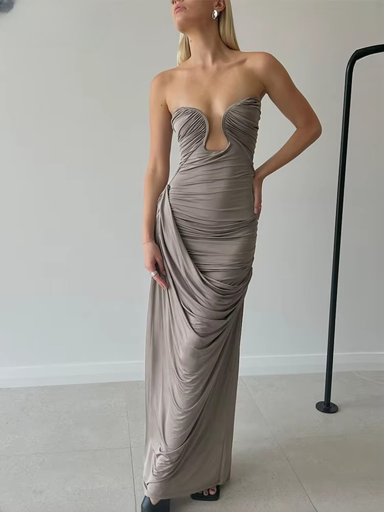 Asymmetrical Peach Buttocks Solid Deep v Folds Strapless Skinny Bodycon Maxi Dress