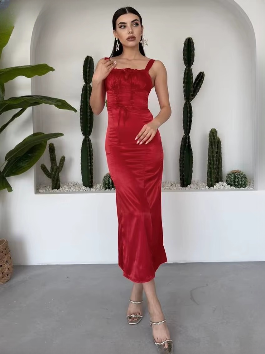 Elegant Sleeveless Classic Lace-Up Solid Satin Midi Dress