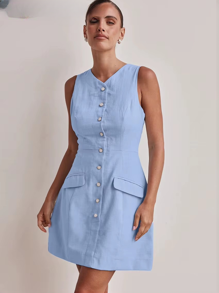 Elegant Bodycon V-Neck Sleeveless Classic Pockets Mini Dresses