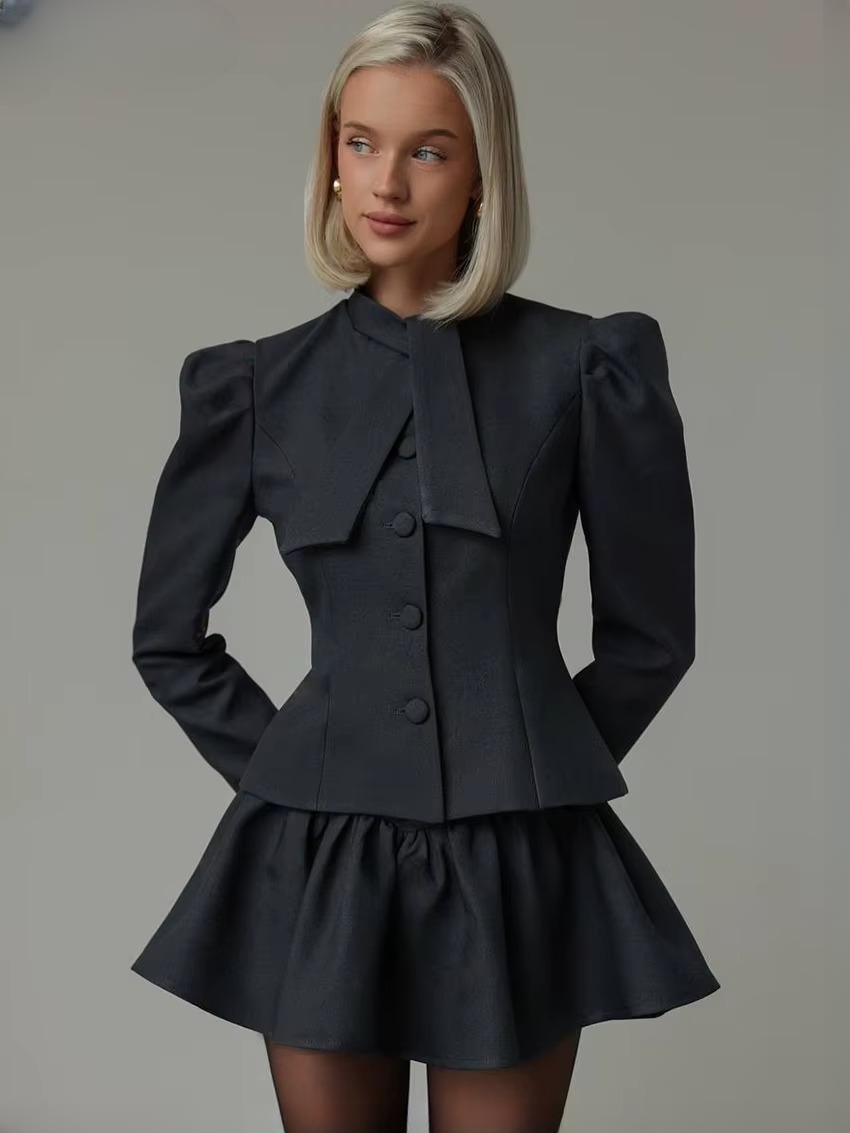 Elegant Long Sleeve Shirt With High Waist Mini Skirt Two Pieces Set