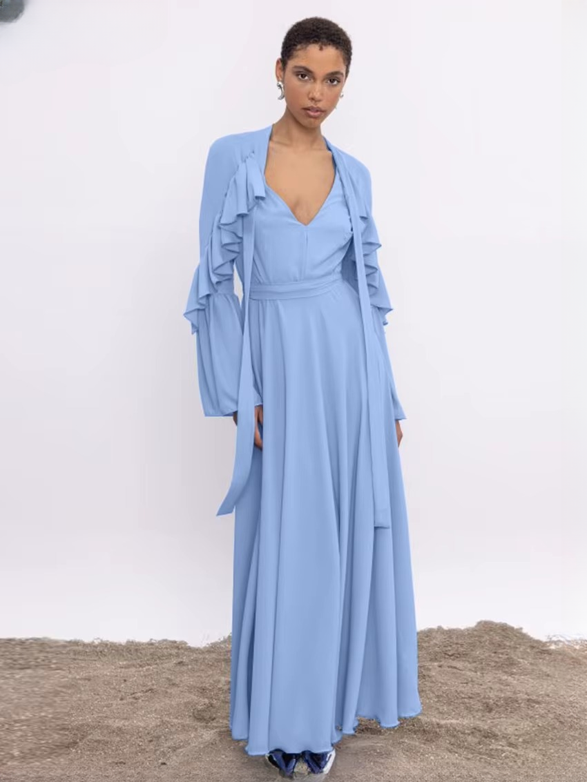 Elegant V-Neck Long Sleeve Ruffle Classic Lace-Up Maxi Dresses