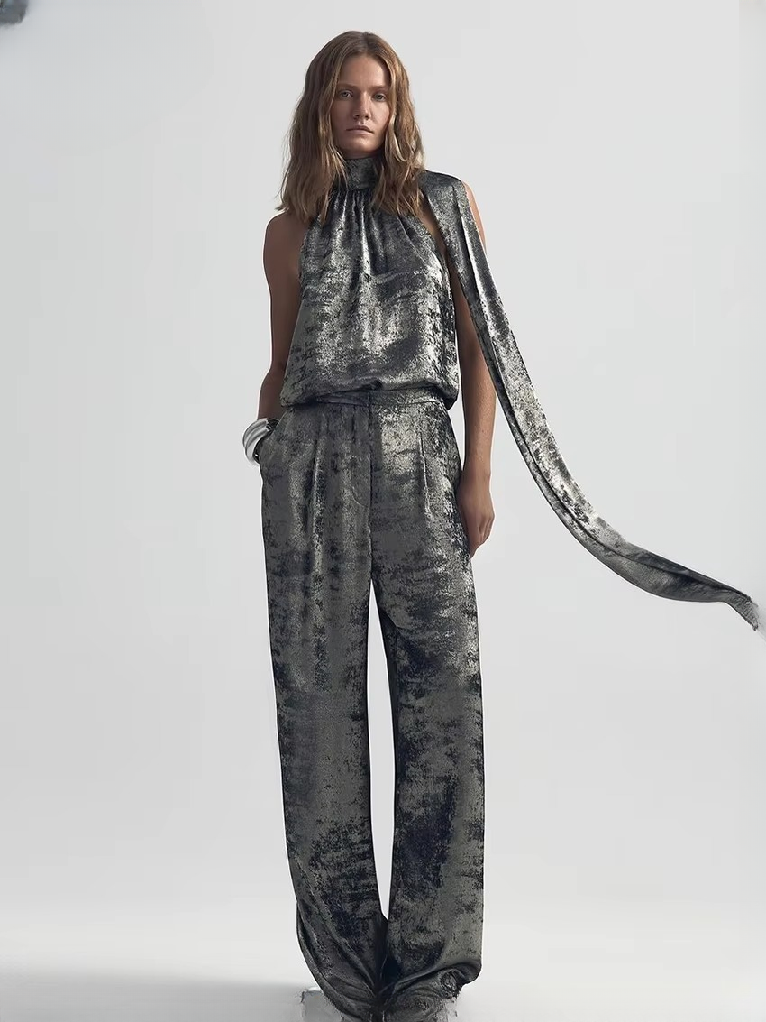 Casual Sleeveless Tank Top With High Waist Wide Pants Two Piece Sets