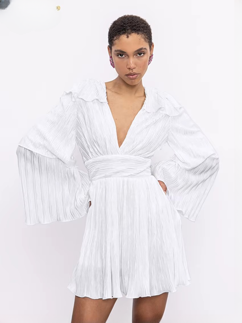 Elegant V-Neck Long Sleeve Classic High Waist Pleated Mini Dresses